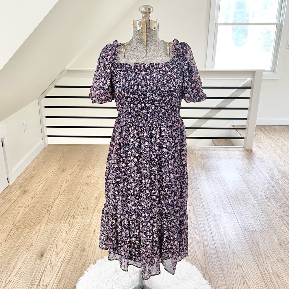 NWT XS 4X purple pink floral print off shoulder midi dress - Picture 2 of 7